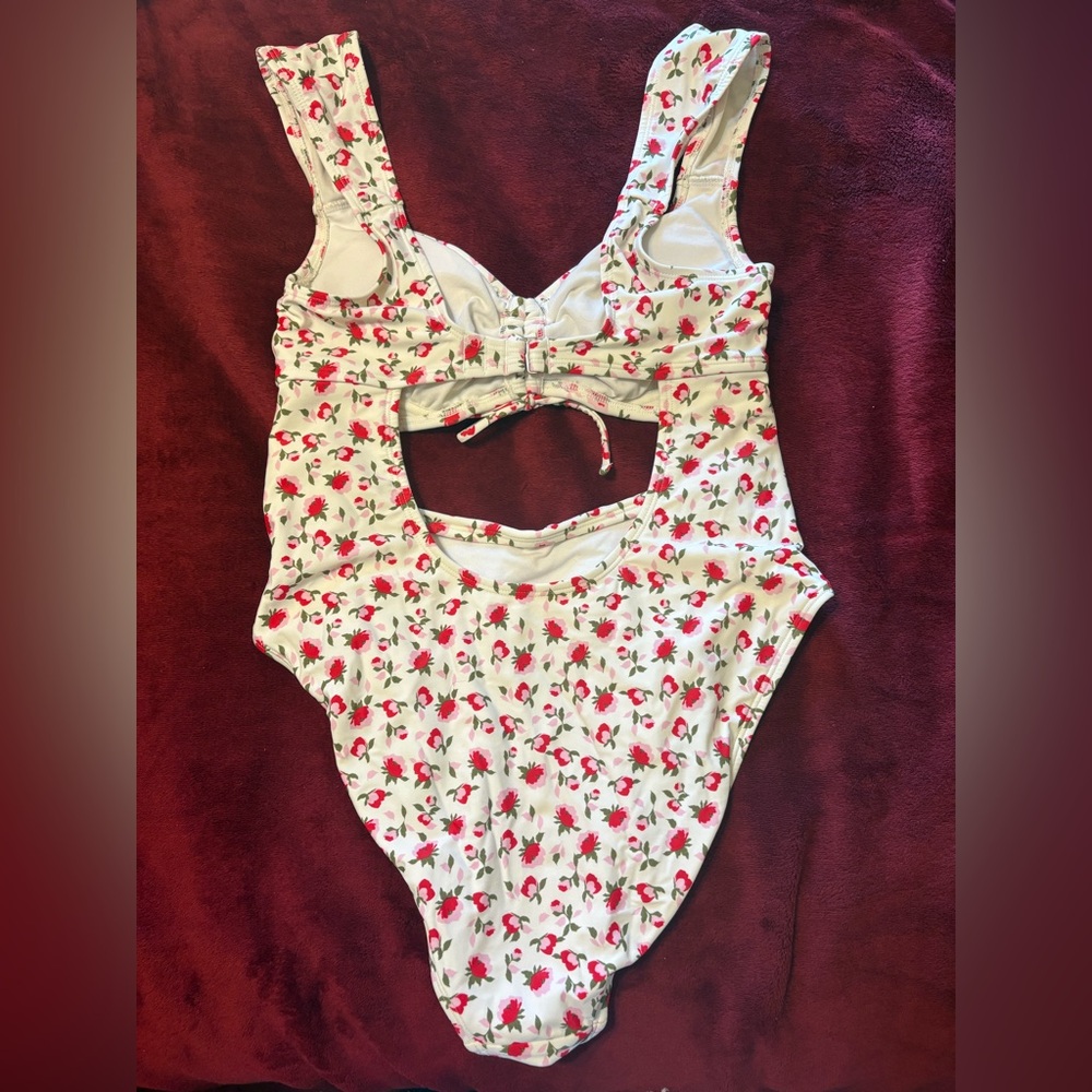 Xhilaration White One-Piece Bodysuit with Pink and Red Floral Print - Picture 3 of 4